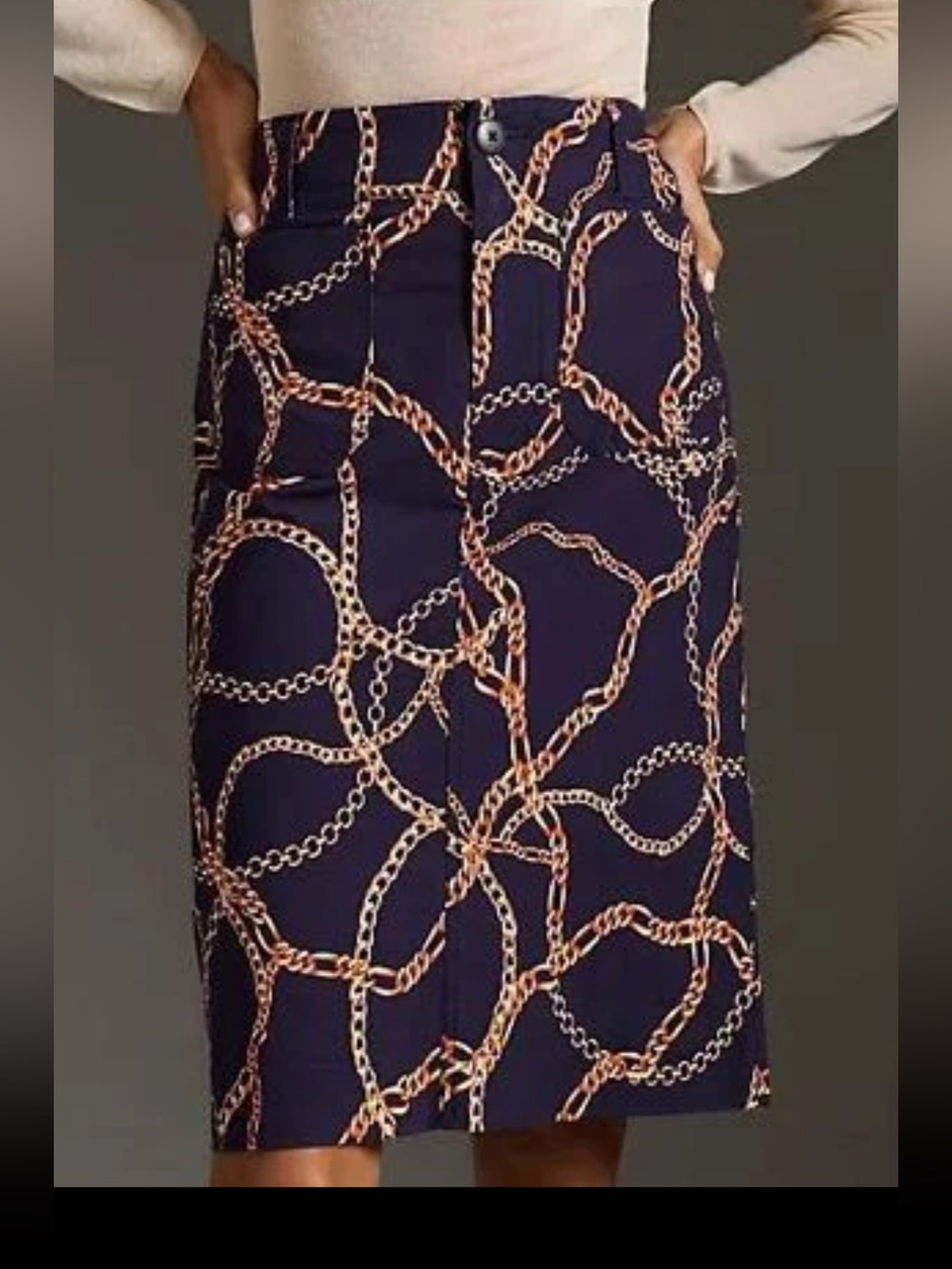 Maeve Anthropologie Colette Skirt Medium Navy Gold Chain Print NWT
